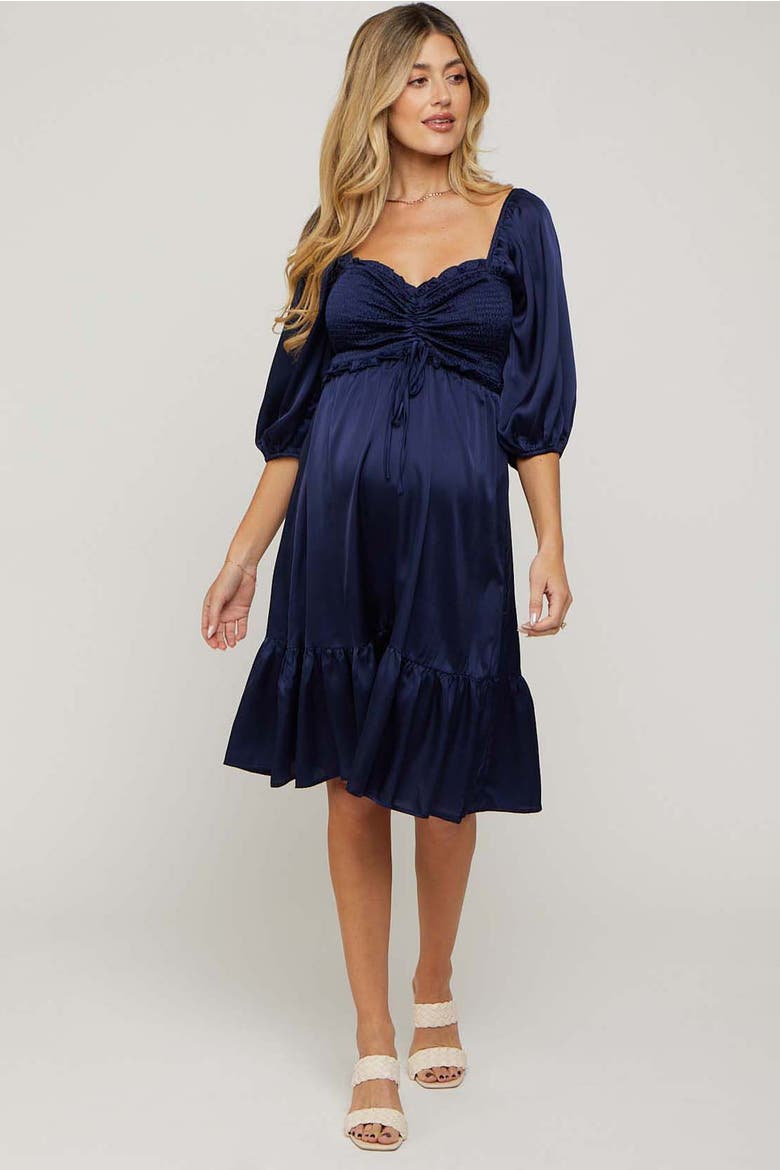 Satin Smocked Ruffle Hem Dress, Main, color, Navy Blue