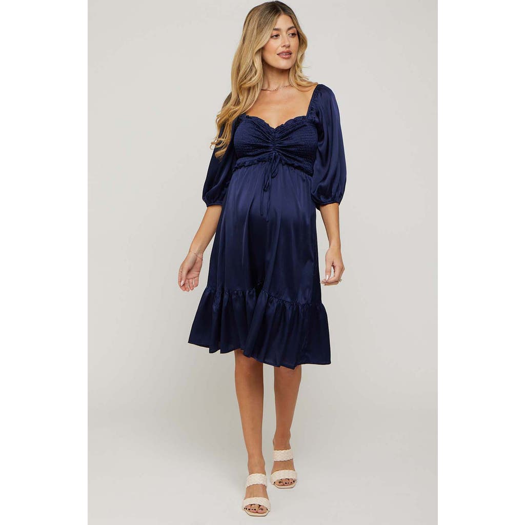Pinkblush Satin Smocked Ruffle Hem Dress In Blue