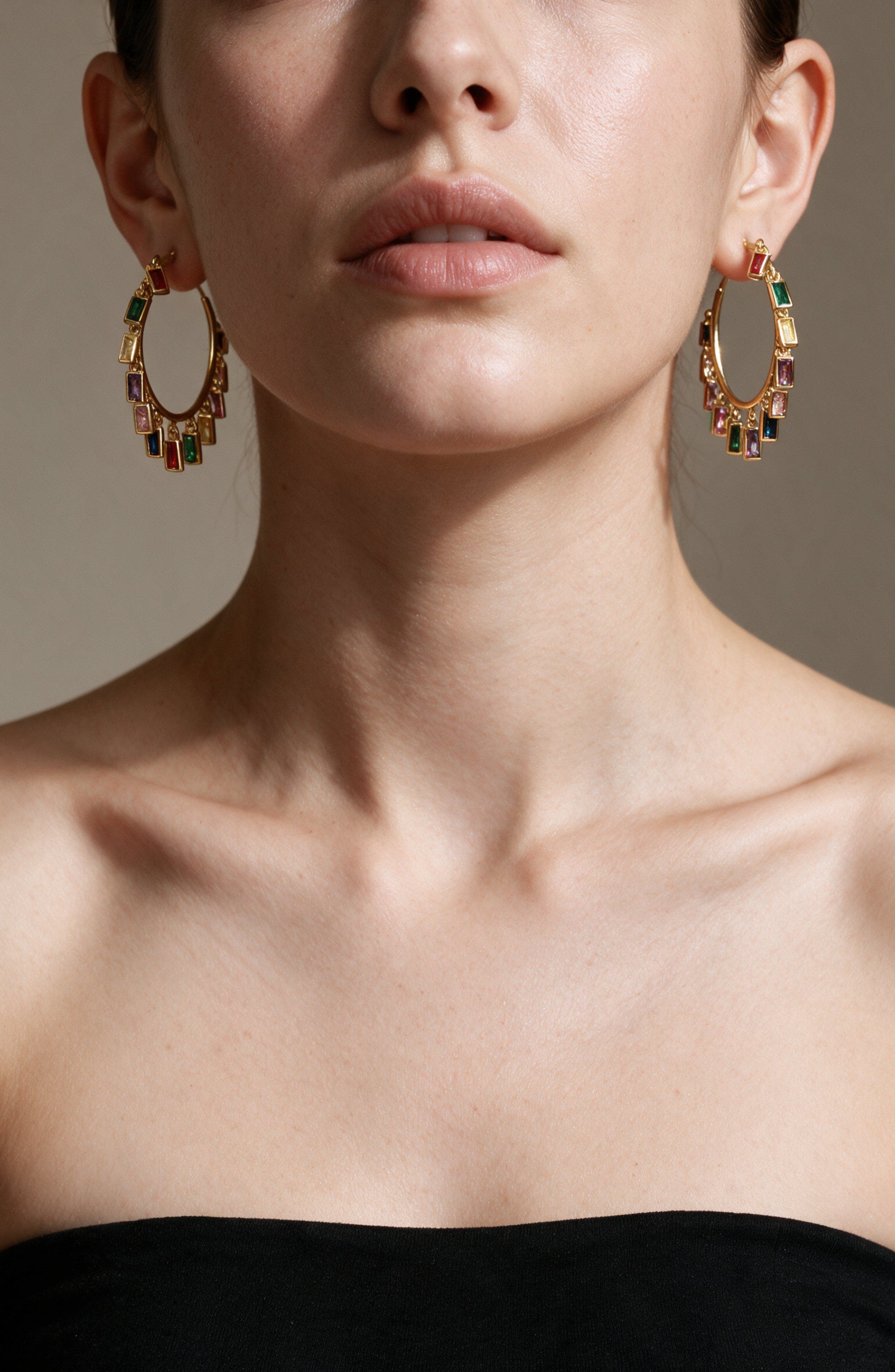 Modenaire Baguette Crystal Dangle Hoop Statement Earrings (Women ...