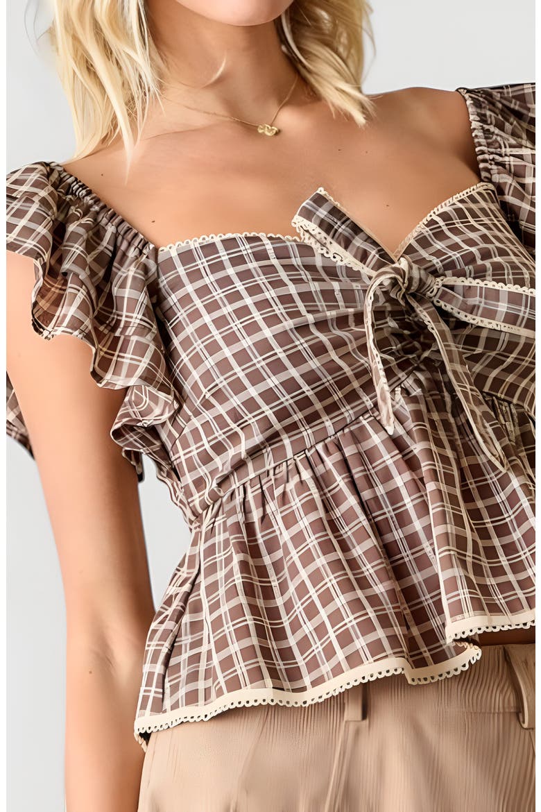 Gingham Peplum Top with Flutter Sleeves and Front Tie Detail, Alternate, color, Gingham
