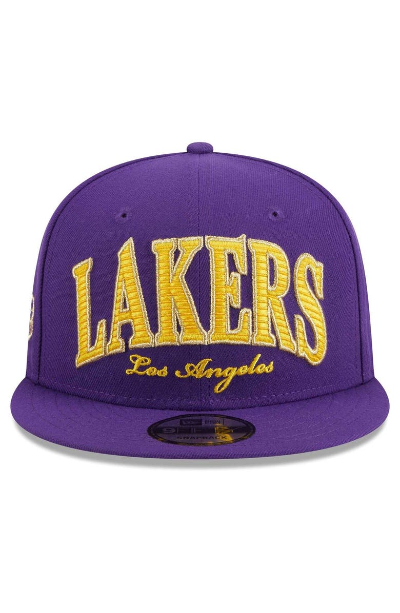 New Era Men's New Era Purple Los Angeles Lakers Golden Tall Text 9FIFTY Snapback Hat, Alternate, color, Purple