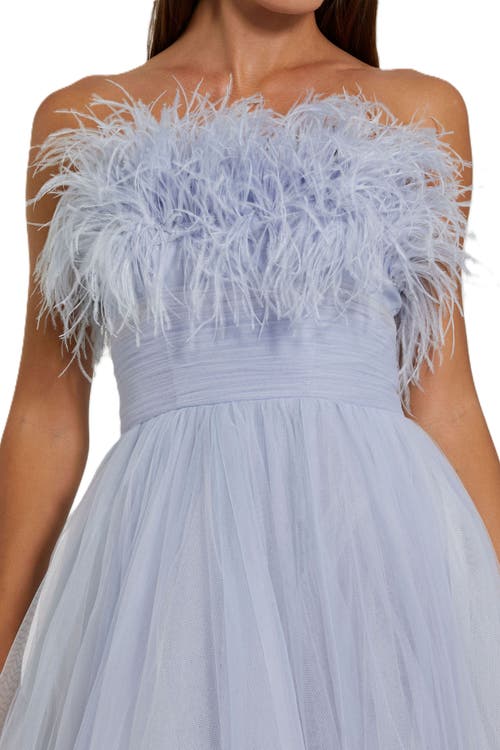 Mac Duggal Strapless Feather Hem Tulle Gown In Blue Ombre