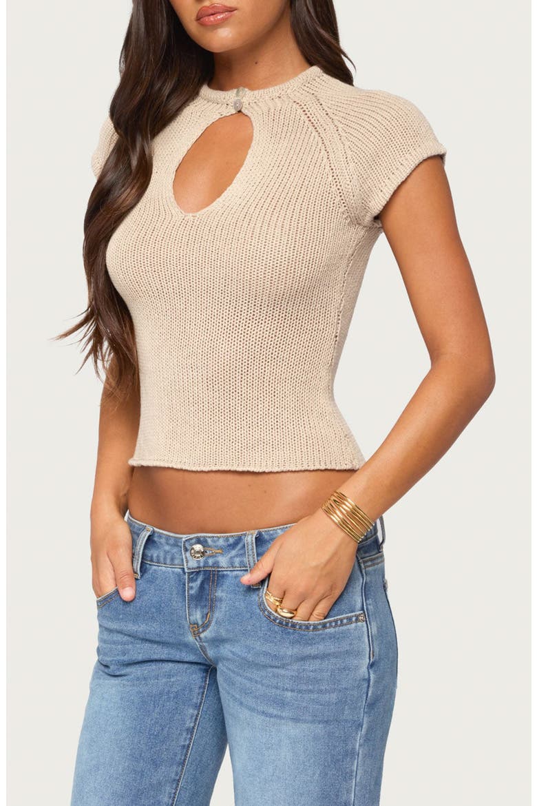 Ganni Keyhole Cutout Knit Top, Alternate, color, BEIGE