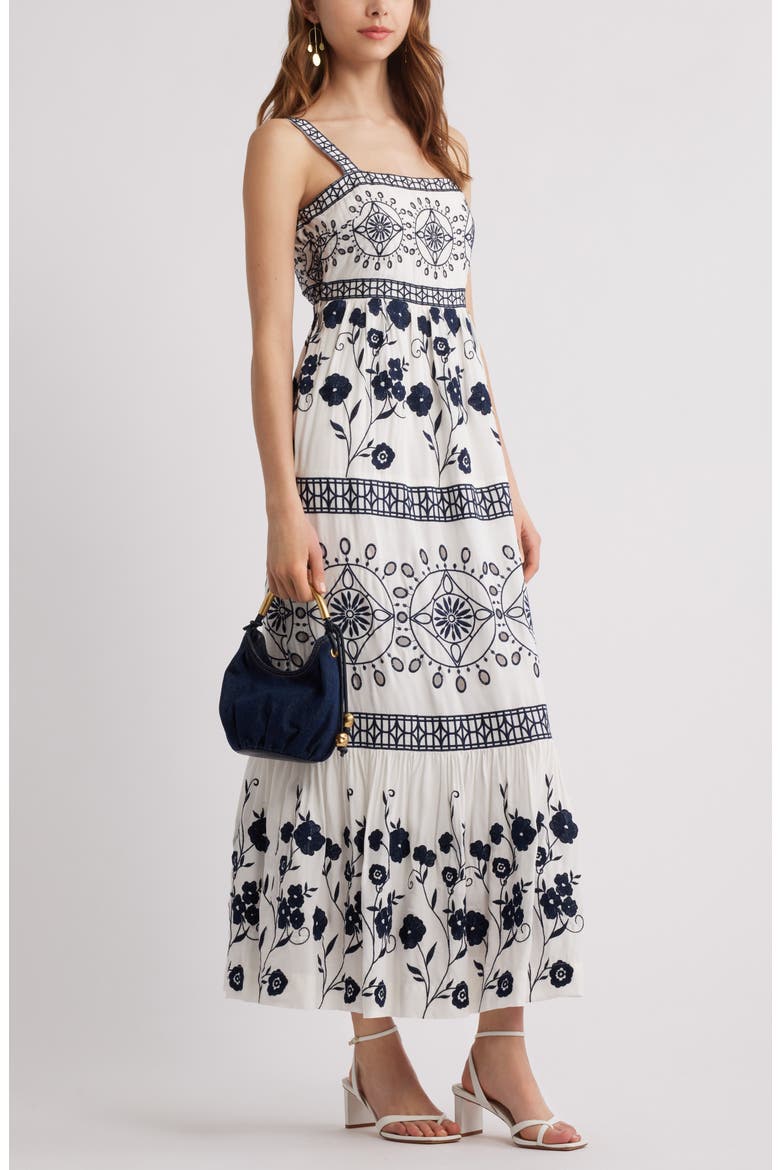 Embroidered Eyelet Sleeveless Maxi Dress, Alternate, color, NAVY WHITE