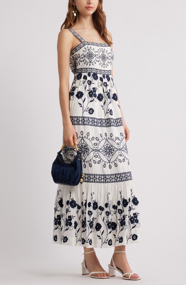 Chelsea28 Embroidered Eyelet Sleeveless Maxi Dress, Alternate, color, Navy White