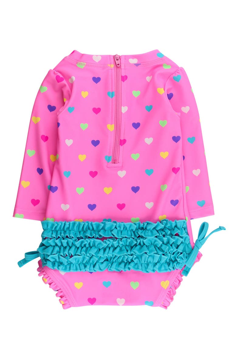RuffleButts UPF50+ Sun Protected Neon Long Sleeve One Piece Rash Guard Swimsuit, with Signature Rear Ruffles, Alternate, color, Neon Pink Colorful Hearts