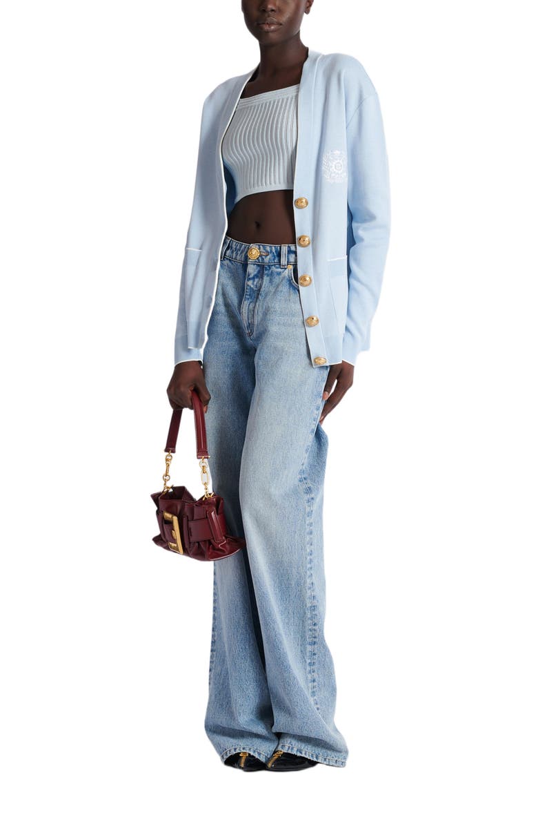 Balmain Emblème-Embroidered Knit Cardigan, Alternate, color, Blue