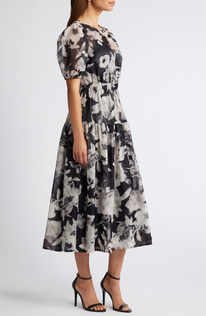 Anne Klein Floral Tiered Puff Sleeve Midi Dress, Alternate, color, Anne Black Multi
