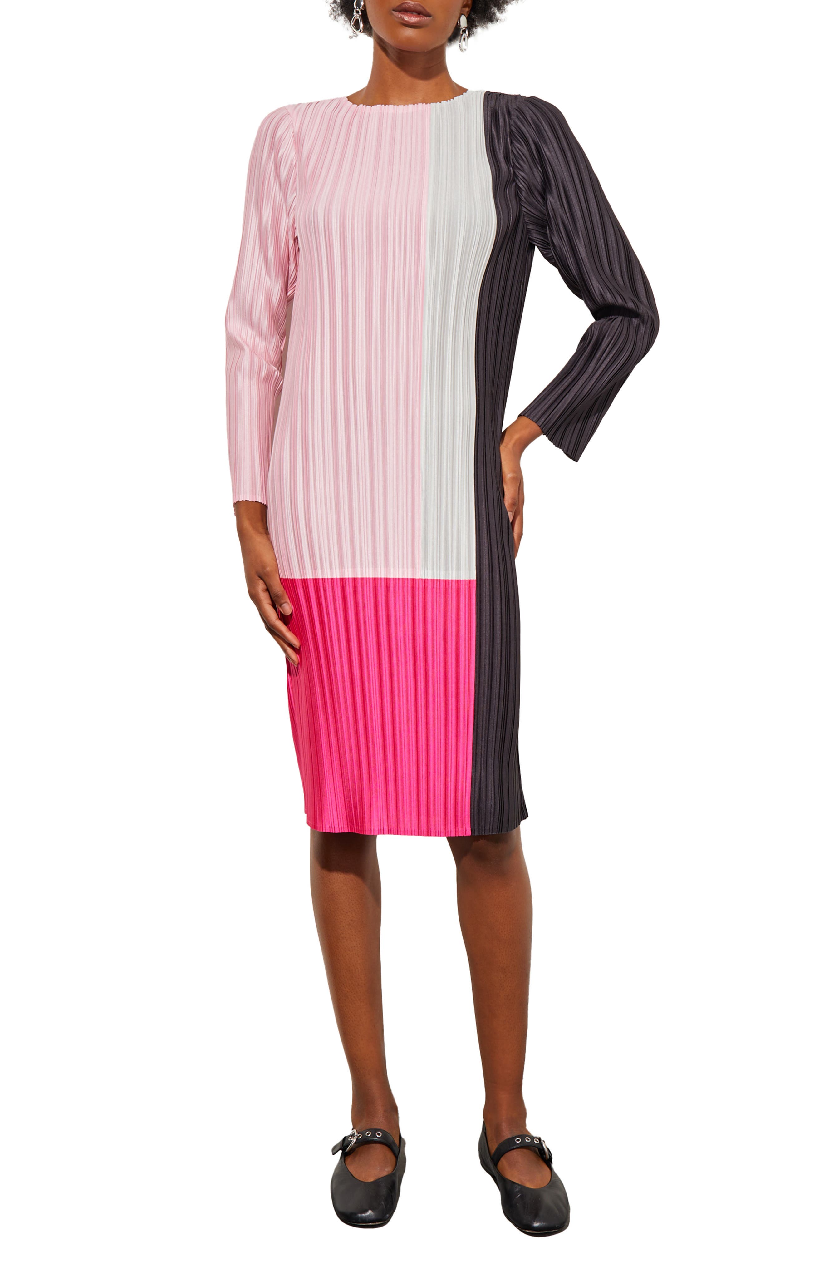 Ming Wang Colorblock Pleated Long Sleeve Dress (Women) | Nordstromrack