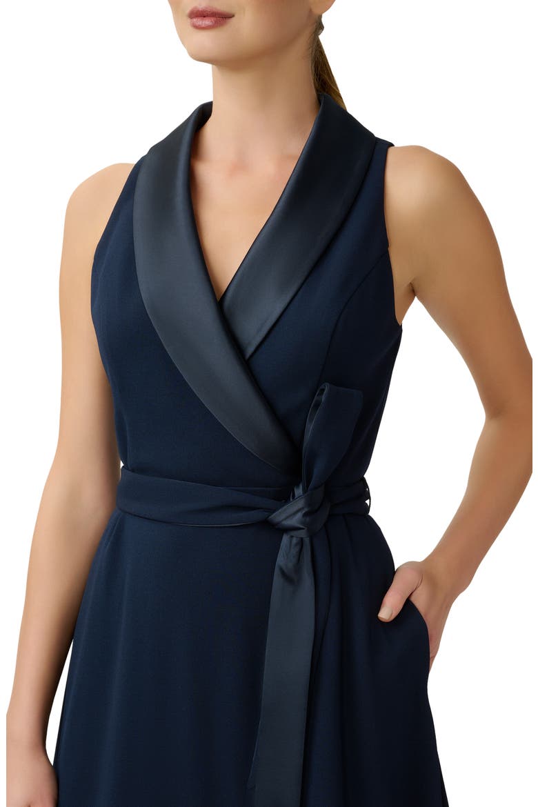 Satin Trim Crepe Midi Tuxedo Dress, Alternate, color, MIDNIGHT
