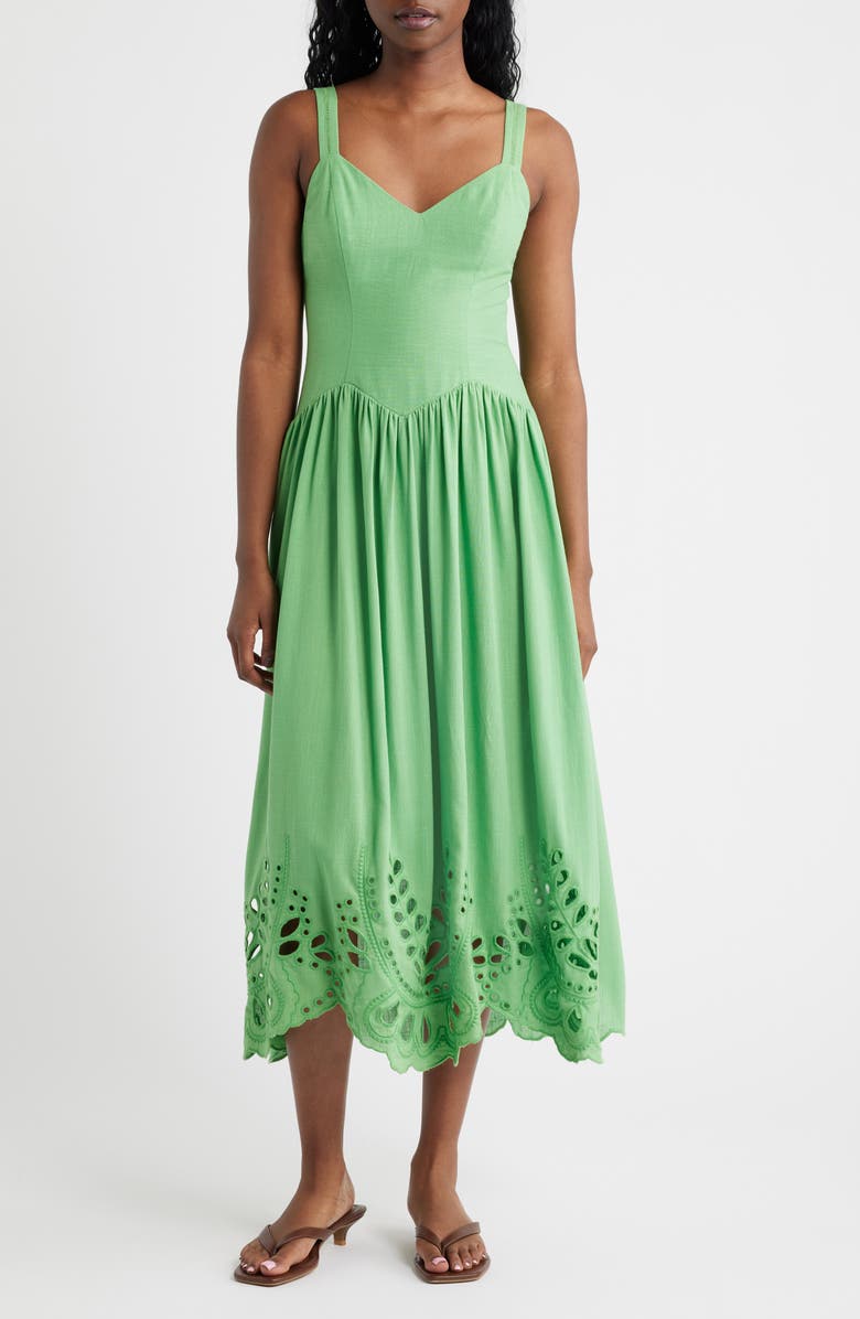 MOON RIVER Eyelet Drop Waist Cotton & Linen Sundress, Main, color, Green