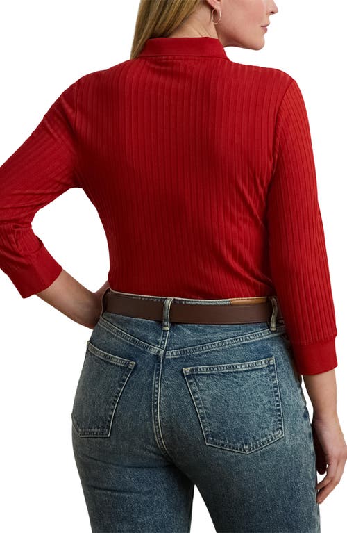 Ralph Lauren Rib-knit Three-quarter-sleeve Polo Shirt In Red