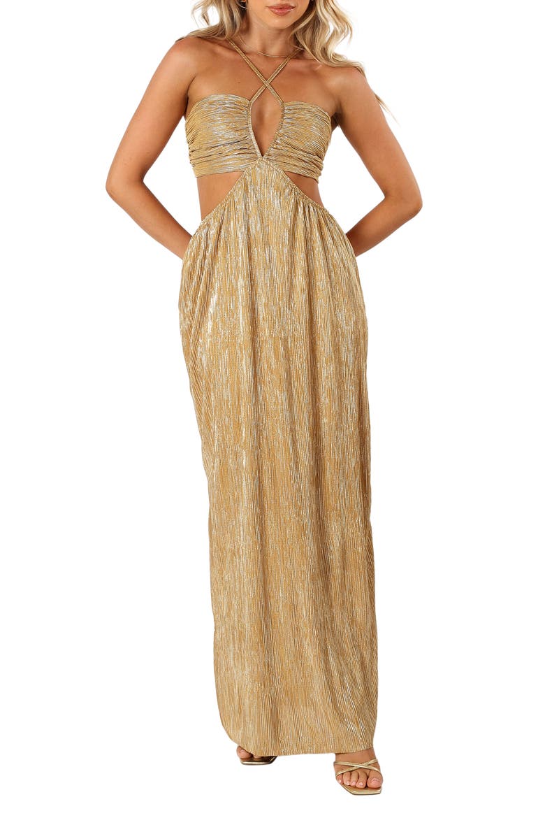 Beyz Plissé Maxi Dress, Main, color, GOLD