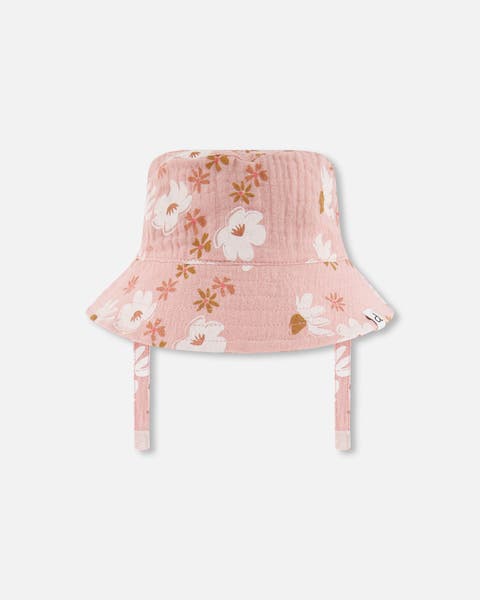 Baby Girl's Printed Muslin Bucket Hat Pink And White Flowers