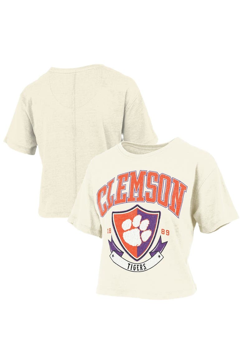 Women's Pressbox Cream Clemson Tigers Buckler Vintage Cropped T-Shirt, Main, color, Cream