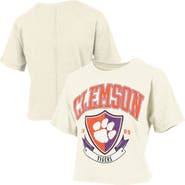 PRESSBOX Women's Pressbox Cream Clemson Tigers Buckler Vintage Cropped T-Shirt