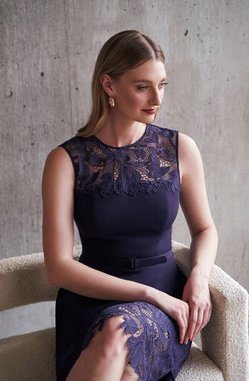 Kay Unger Jamie Lace Trim Belted Midi Dress | Nordstrom 
