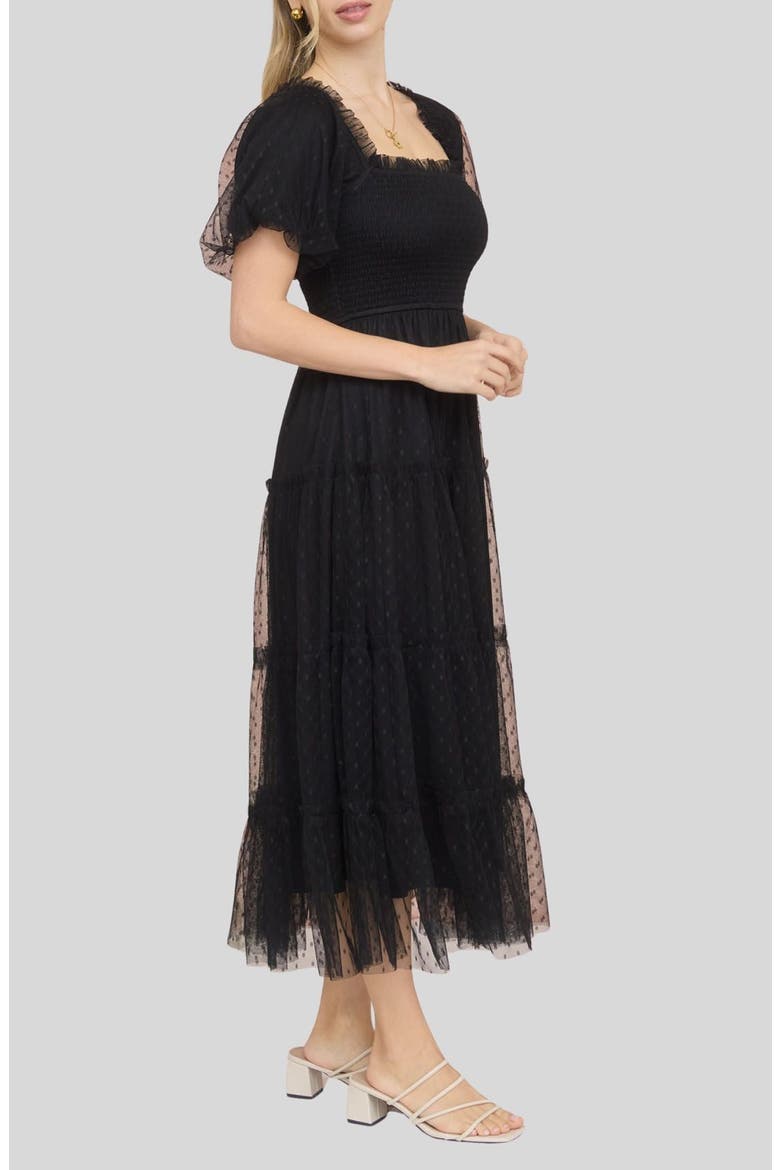 Puff Sleeve Midi Dress, Alternate, color, BLACK