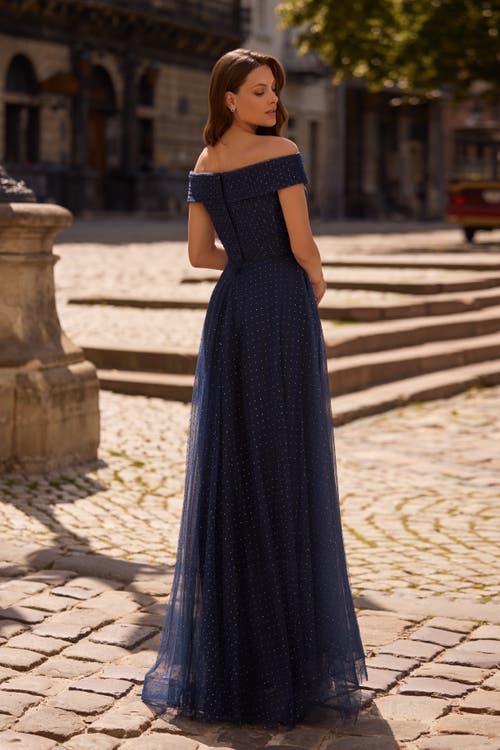 La Femme Tulle Off The Shoulder A-line Dress With Rhinestones In Navy