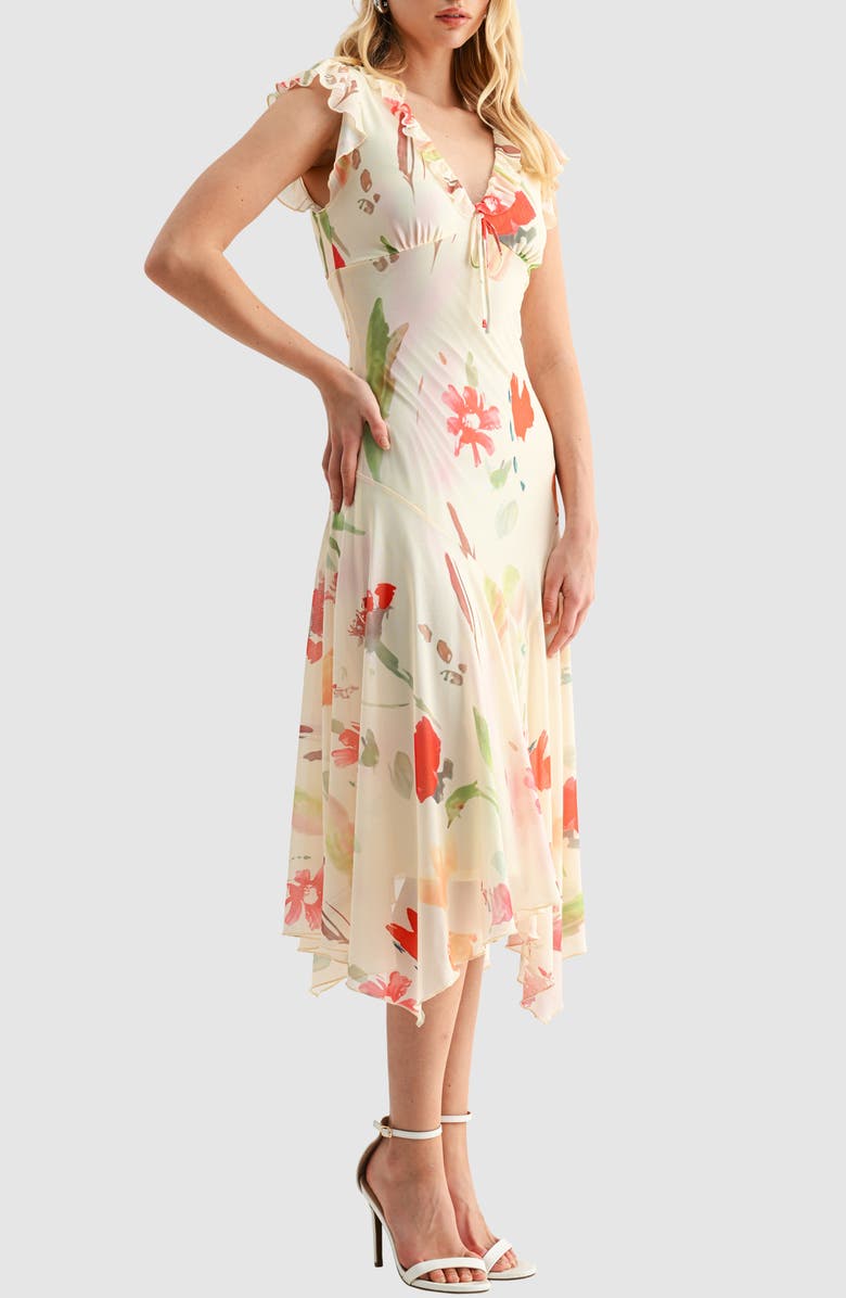 All in Favor Floral Flutter Sleeve Handkerchief Hem Mesh Dress, Alternate, color, Butter Red Multi