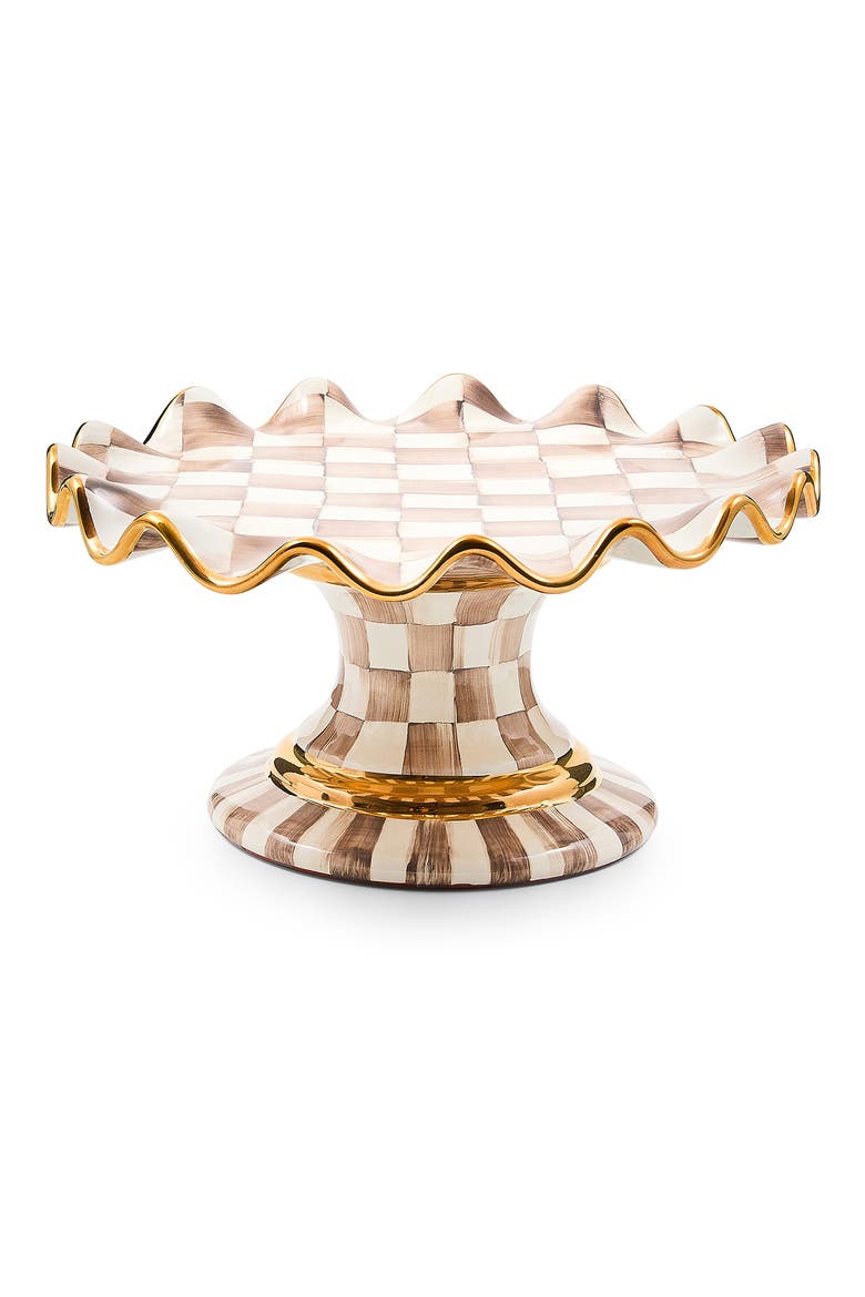 Mocha Check Ceramic Fluted Cake Stand, Main, color, MOCHA
