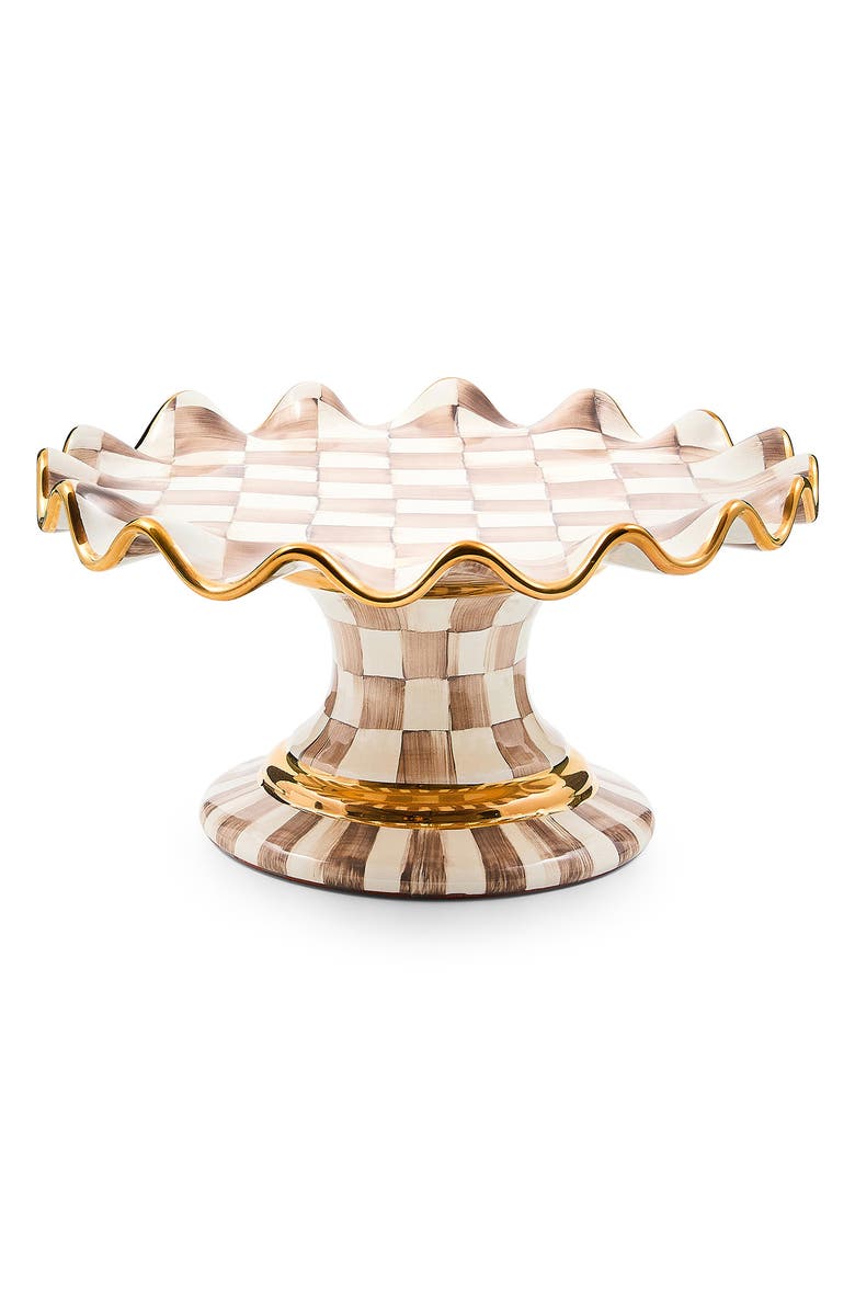 MACKENZIE CHILDS Mocha Check Ceramic Fluted Cake Stand, Main, color, Mocha