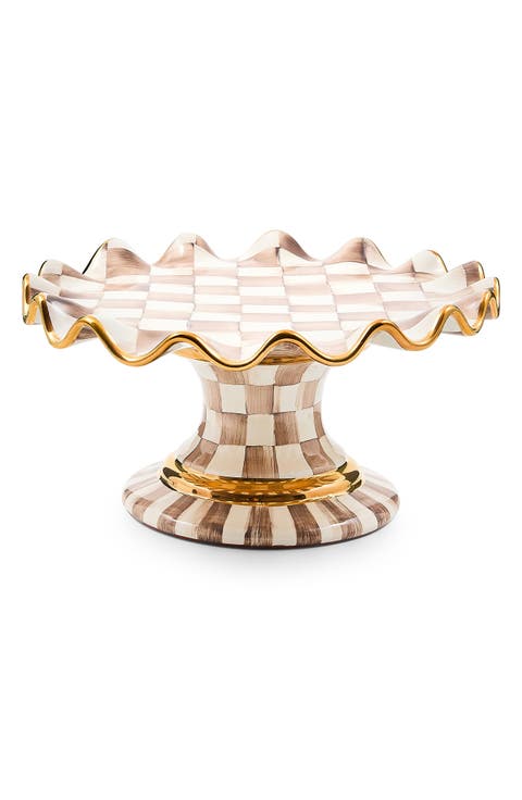 Mocha Check Ceramic Fluted Cake Stand