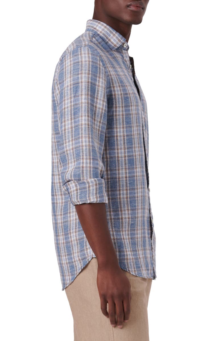 Bugatchi Shaped Fit Plaid Linen Button-Up Shirt, Alternate, color, 