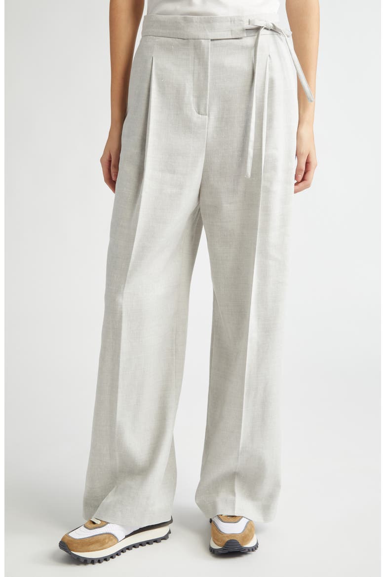 Pleated Tie Waist Linen & Wool Wide Leg Pants, Main, color, LIGHT MELANGE GREY