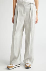 Eleventy Pleated Tie Waist Linen & Wool Wide Leg Pants