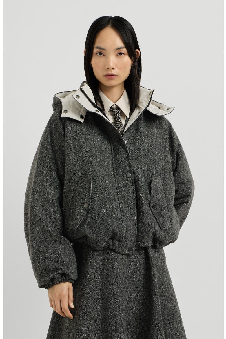 Virgin wool donegal down jacket with detachable hood and shiny zipper pull, Main, color, Anthracite