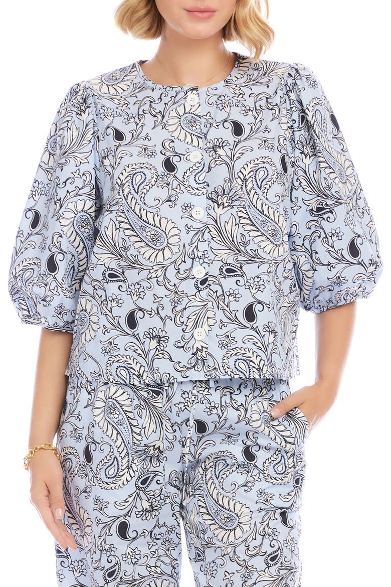 Puff Sleeve Button-Up Top, Main, color, BLUE PAISLEY