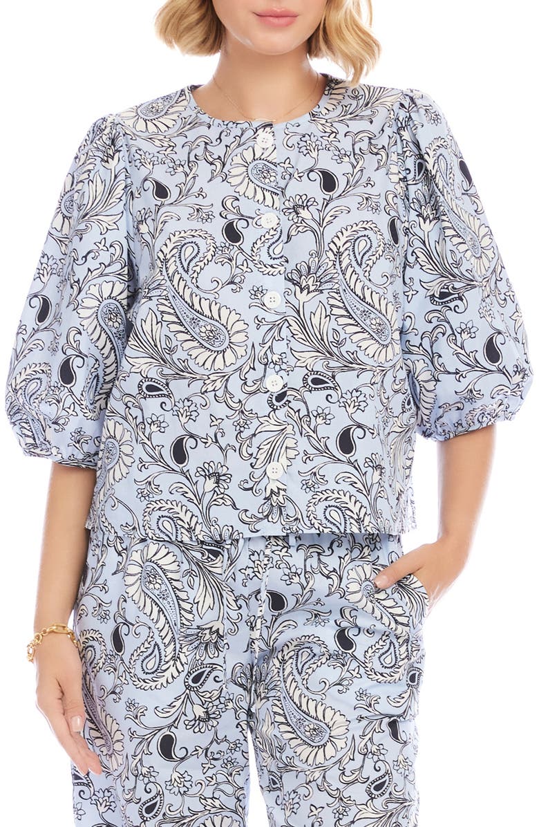 Karen Kane Puff Sleeve Button-Up Top, Main, color, Blue Paisley
