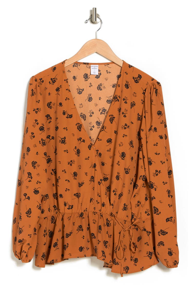 Surplice Tie Waist Long Sleeve Floral Print Top, Alternate, color, RUST- BLACK BELLE FLEUR