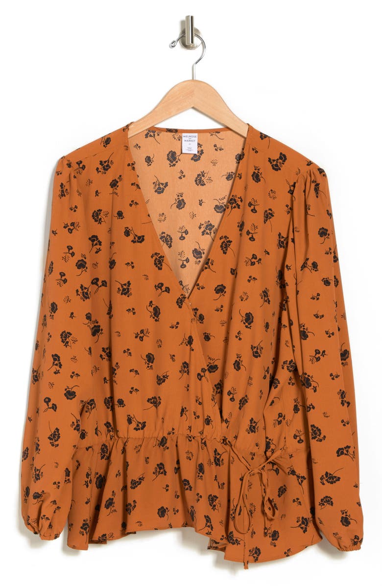 Melrose and Market Surplice Tie Waist Long Sleeve Floral Print Top, Alternate, color, 