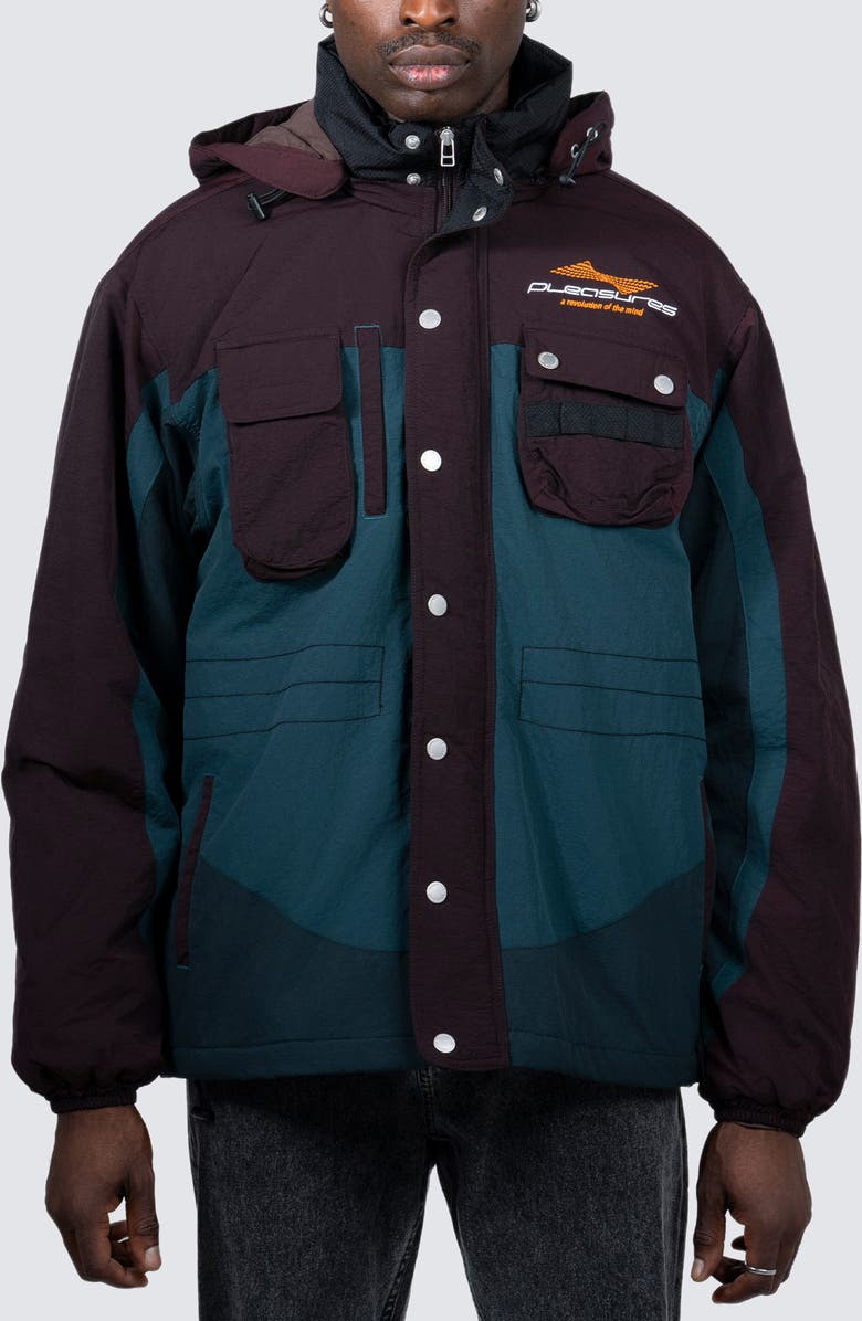 PLEASURES Revolution Oversize Colorblock Jacket with Removable Hood, Main, color, 