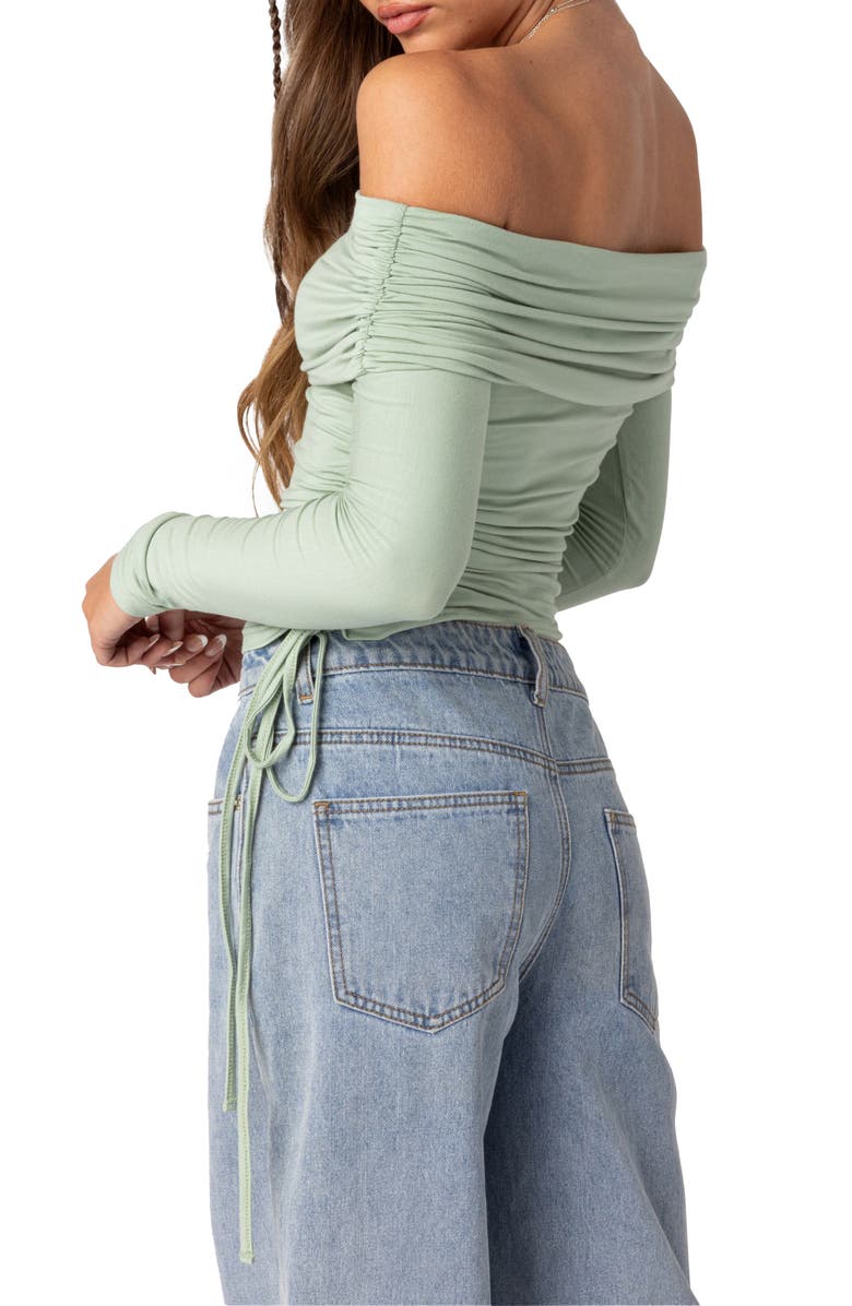 EDIKTED Off the Shoulder Side Ruched Knit Top, Alternate, color, Green