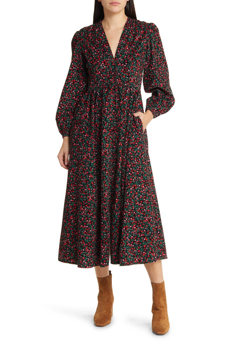 Nobody's Child Starlight Floral Long Sleeve Organic Cotton Baby Cord Midi Dress (Women)