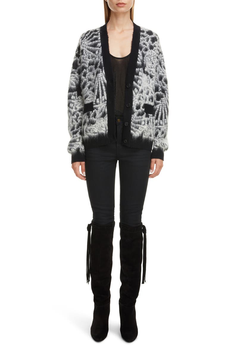 Floral Jacquard Wool & Mohair Blend Cardigan, Alternate, color, NOIR/NATUREL