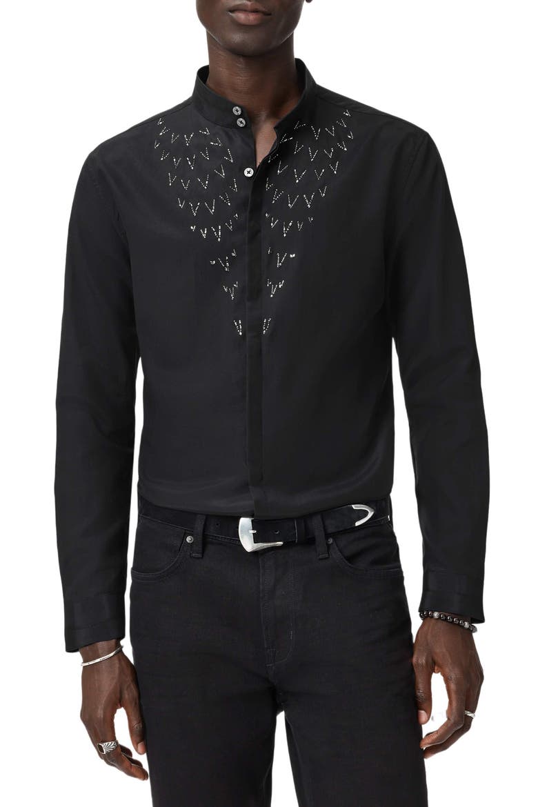 Lex Embellished Band Collar Silk & Wool Button-Up Shirt, Main, color, BLACK