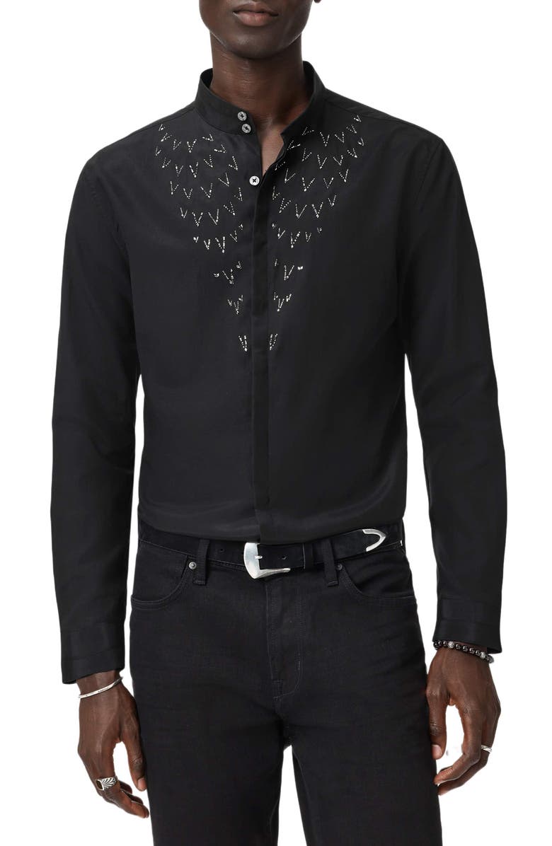 John Varvatos Lex Embellished Band Collar Silk & Wool Button-Up Shirt, Main, color, Black
