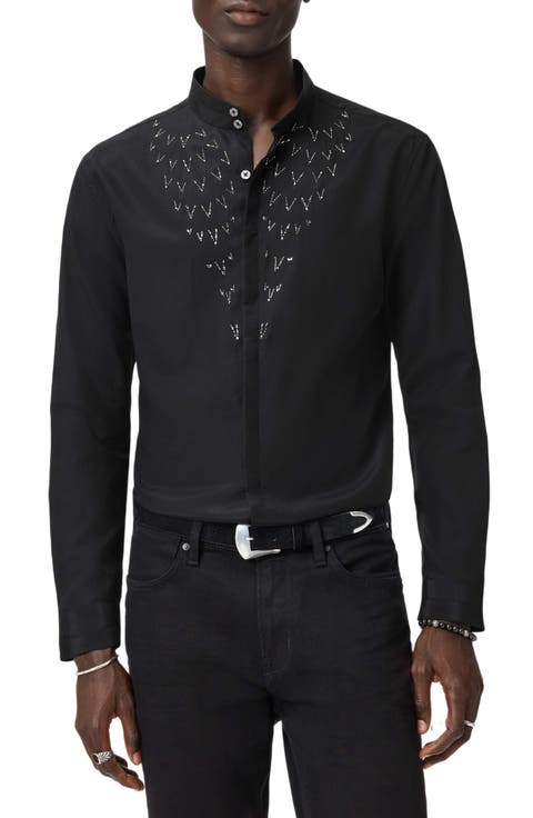 Lex Embellished Band Collar Silk & Wool Button-Up Shirt