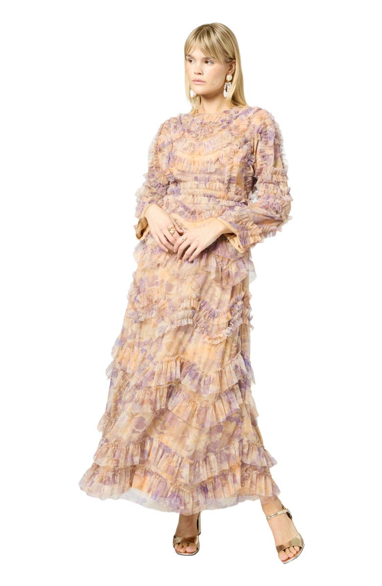 MARYISA Occasion Modest Ruffle Floral Print Evening Dress, Alternate, color, Multicolor