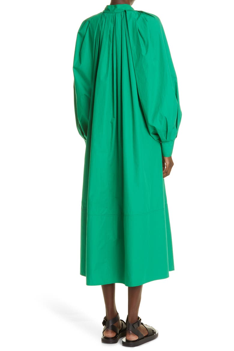 Pleated Long Sleeve Organic Cotton Poplin Midi Dress, Alternate, color, GREEN