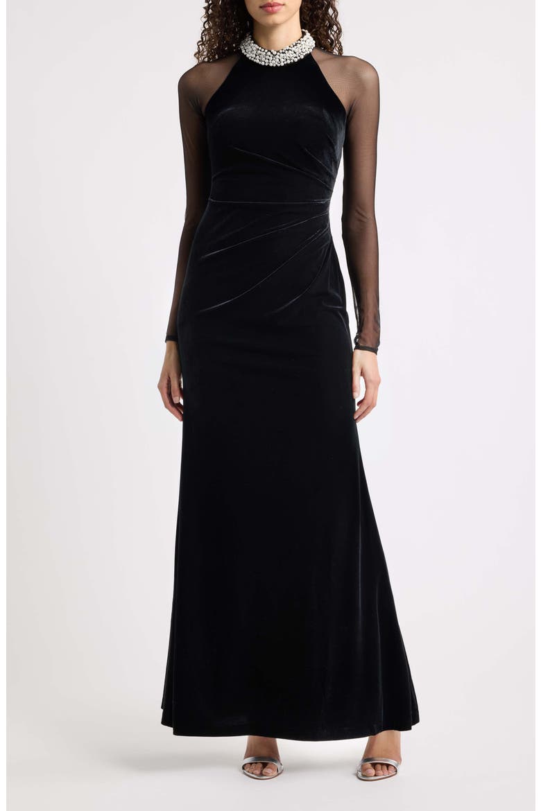 Long Sleeve Stretch Velvet & Mesh Column Gown, Main, color, BLACK