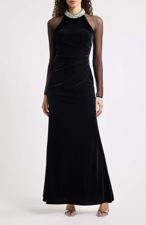 Long Sleeve Stretch Velvet & Mesh Column Gown