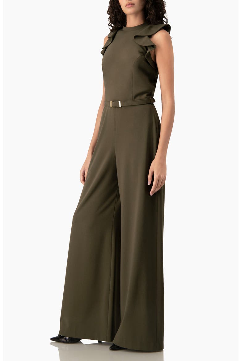 Sleeveless Ruffle-Shoulder Wide-Leg Belted Jumpsuit, Alternate, color, Olive Green