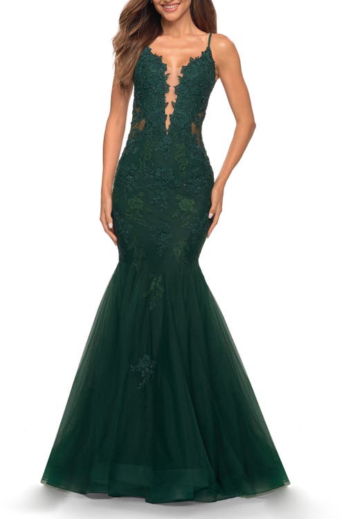 La Femme Tulle And Lace Mermaid Gown In Dark Emerald