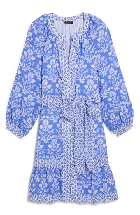 Print Tie Waist Long Sleeve Dress