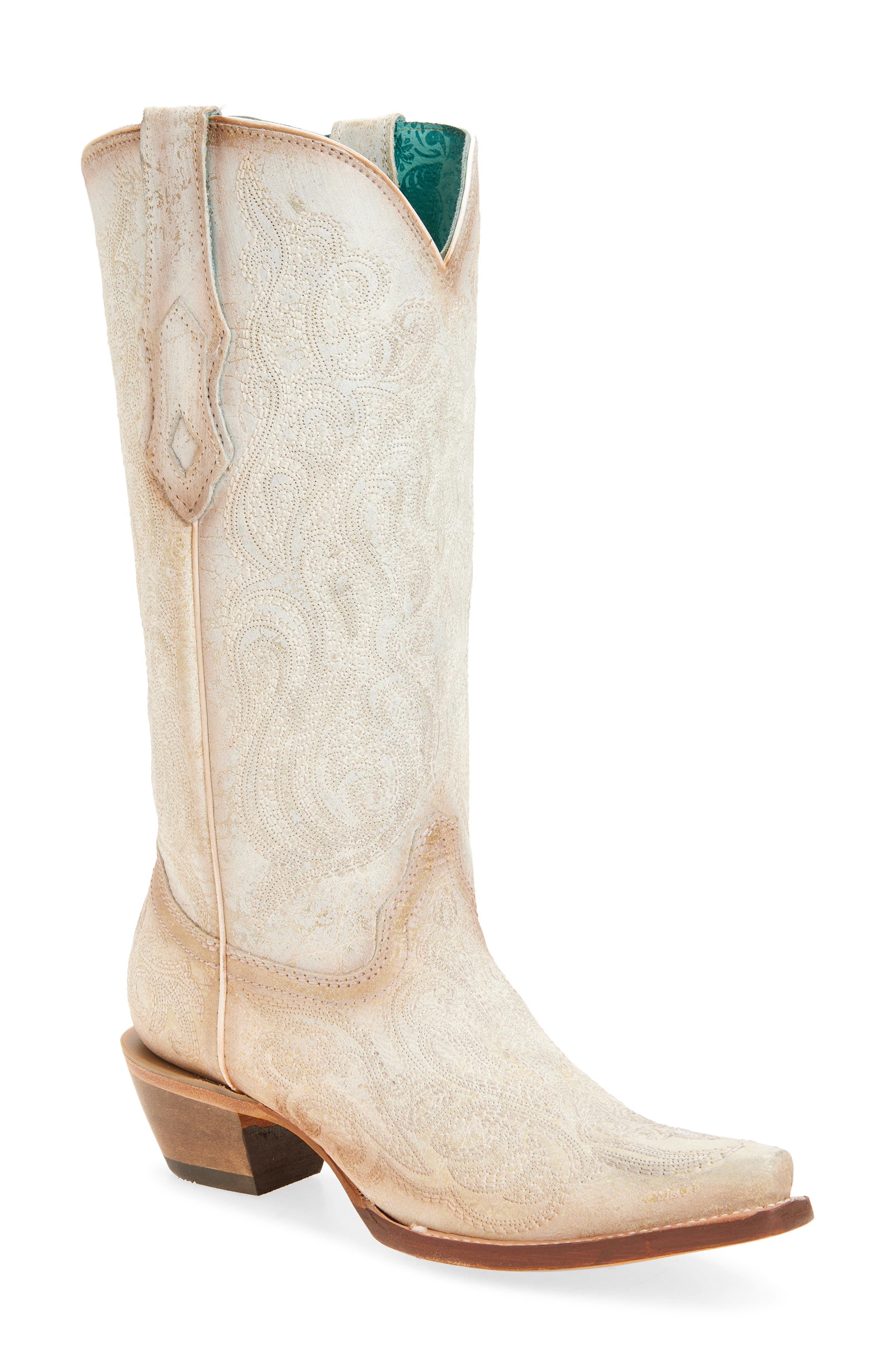 CORRAL Embroidered Crackled Mid Calf Western Boot, Main, color, White